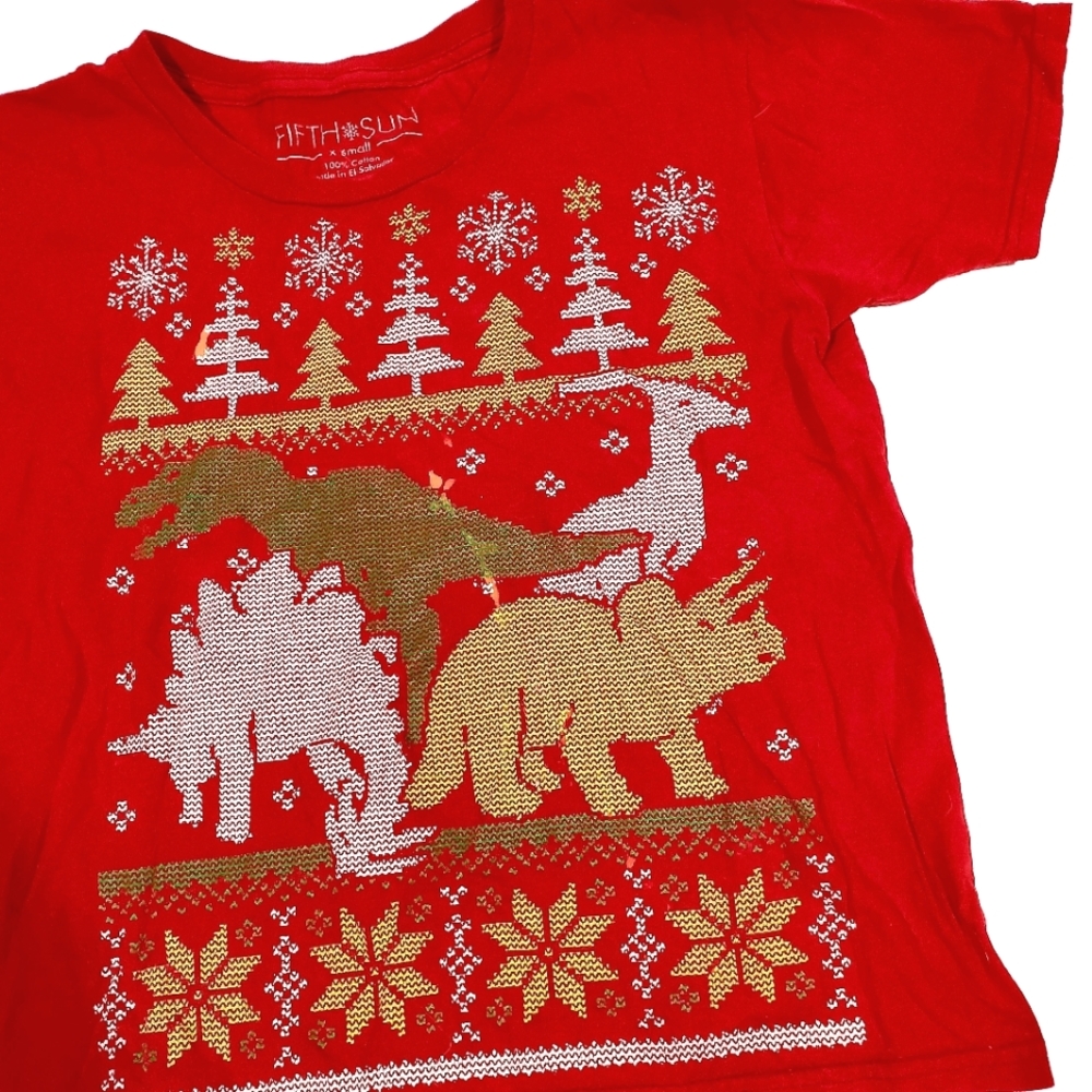 Fifth Sun Short Sleeve Red Dinosaur Graphic Holiday Xmas Top Shirt Size XS Kids